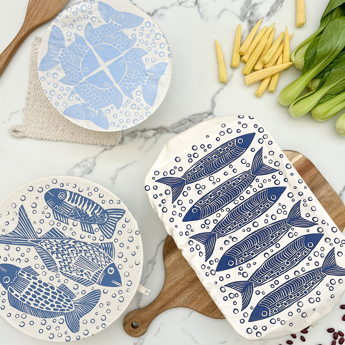 Dish Cover Set of 3 with rectangle and 2 rounds | Fish Print