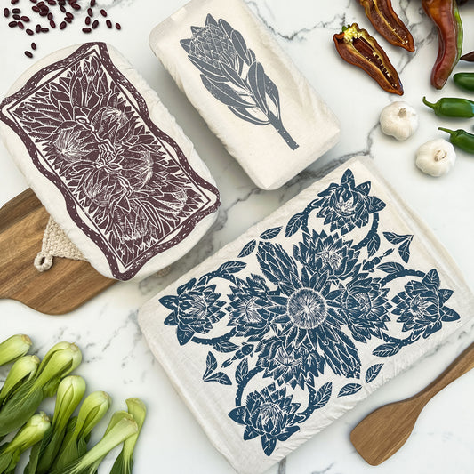 Dish Cover Rectangle Set of 3 Protea Print | assorted sizes for baking, casseroles and bread making
