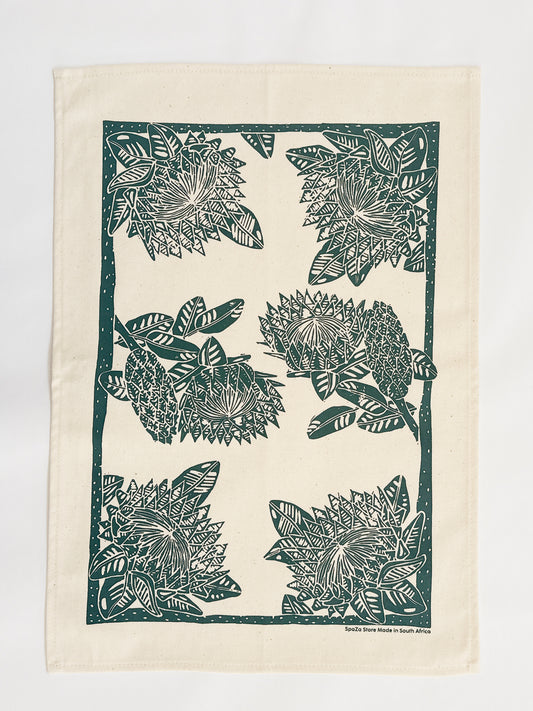 Tea Towel Cotton Protea Print Spruce and Terra Rose 16 in x 22 in