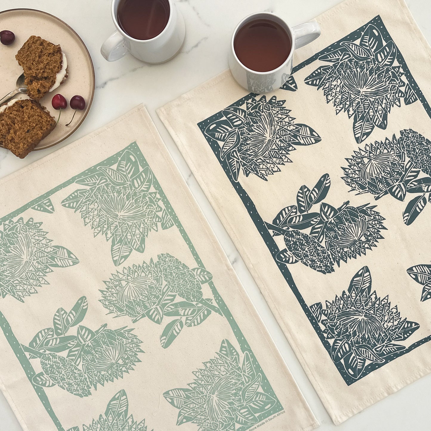 Tea Towel Cotton Protea Print Spruce and Grey Green 16 in x 22 in