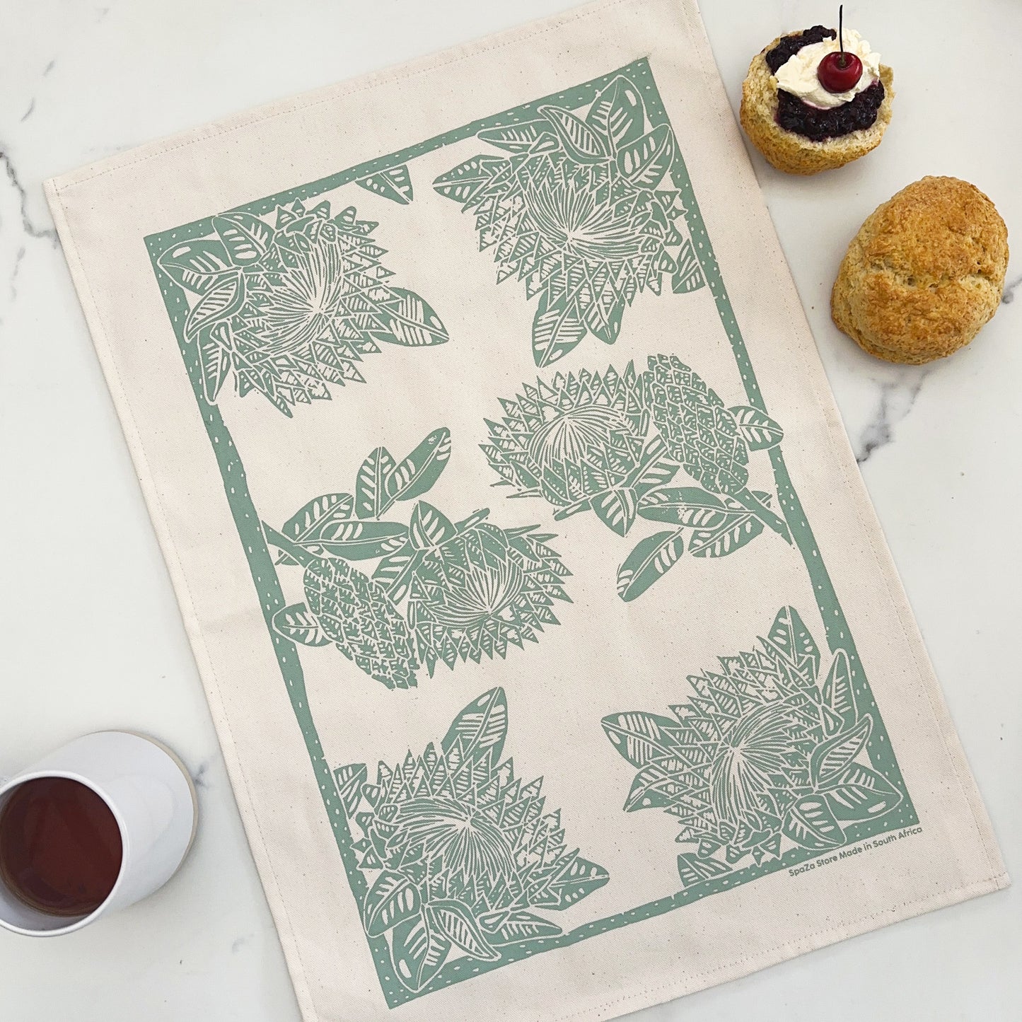 Tea Towel Cotton Protea Print Spruce and Grey Green 16 in x 22 in
