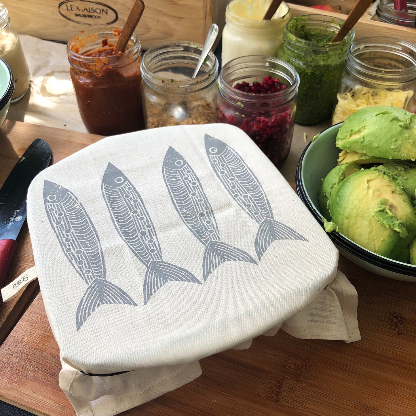 Dish and Casserole Cloth Cover Square Fish Print | goes over handles
